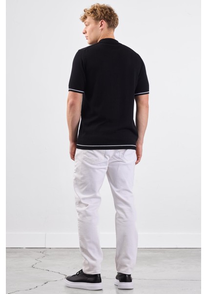 Siyah Polo Düğmeli Fitilli Kısa Kollu Slim Fit Erkek Triko modelleri