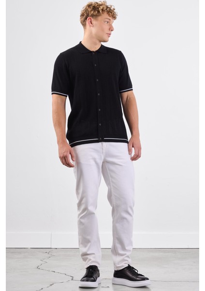 Siyah Polo Düğmeli Fitilli Kısa Kollu Slim Fit Erkek Triko fırsatları