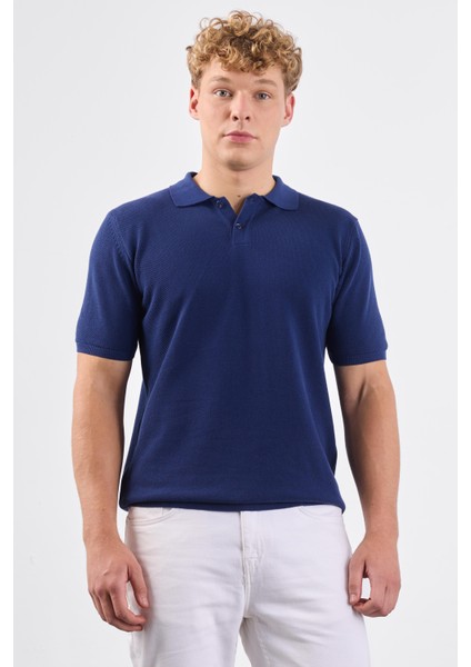 Lacivert Polo Düğme Yaka Düz Renk Slim Fit Erkek Triko