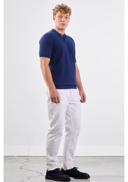 Lacivert Polo Düğme Yaka Düz Renk Slim Fit Erkek Triko fiyatları