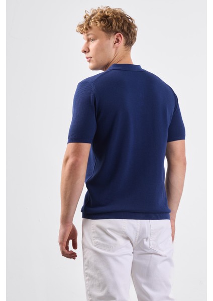 Lacivert Polo Düğme Yaka Düz Renk Slim Fit Erkek Triko modelleri