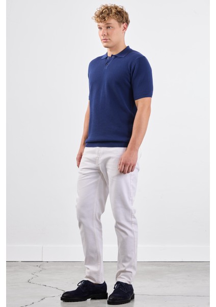 Lacivert Polo Düğme Yaka Düz Renk Slim Fit Erkek Triko fırsatları