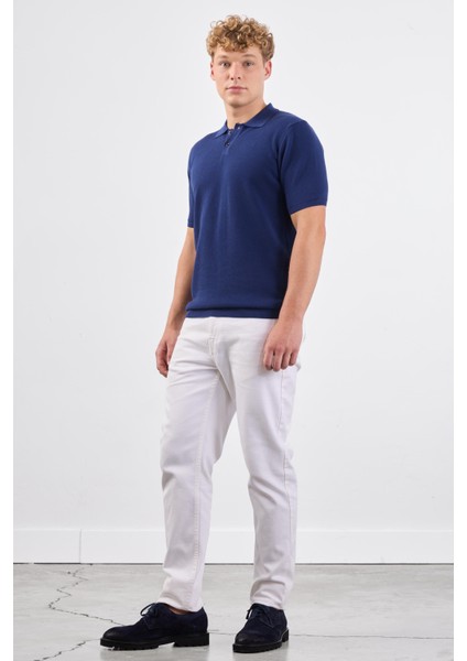 Lacivert Polo Düğme Yaka Düz Renk Slim Fit Erkek Triko indirimleri