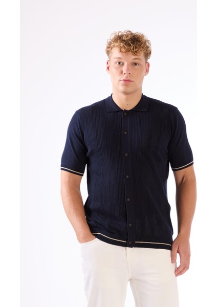 Lacivert Polo Düğmeli Fitilli Kısa Kollu Slim Fit Erkek Triko