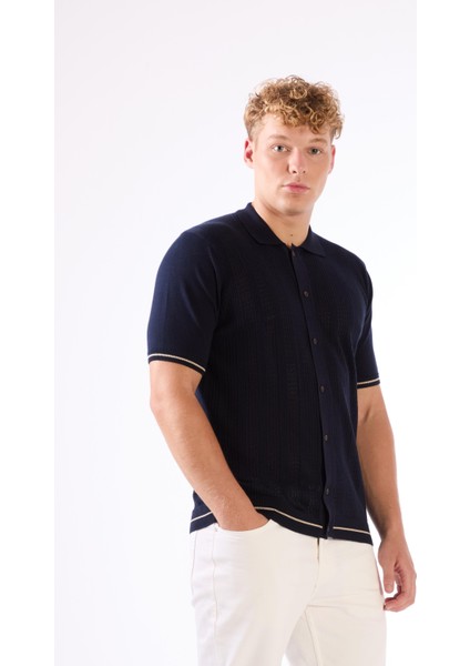 Lacivert Polo Düğmeli Fitilli Kısa Kollu Slim Fit Erkek Triko modelleri