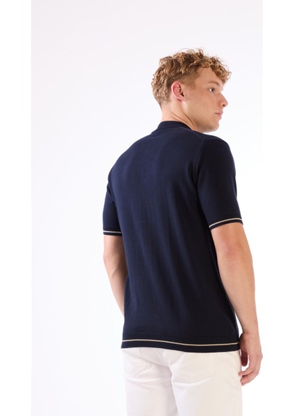 Lacivert Polo Düğmeli Fitilli Kısa Kollu Slim Fit Erkek Triko fırsatları