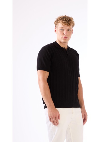 Siyah Polo Düğmeli Kısa Kollu Düz Renk Fitilli Slim Fit Erkek Triko fiyatları