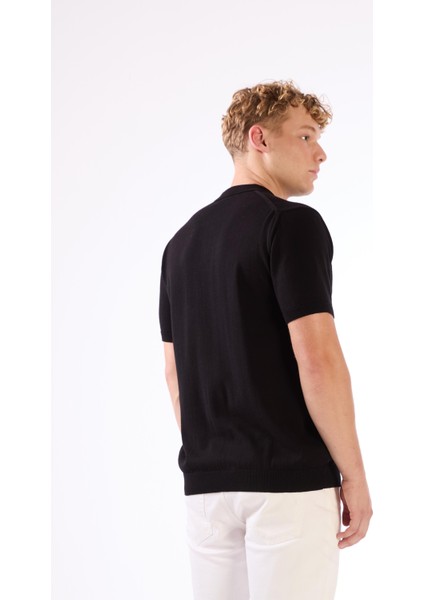 Siyah Polo Düğmeli Kısa Kollu Düz Renk Fitilli Slim Fit Erkek Triko modelleri