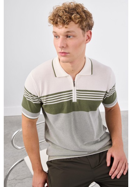 Haki Çizgili Desen Fermuarlı Polo Yaka Kısa Kollu Slim Fit Erkek Triko
