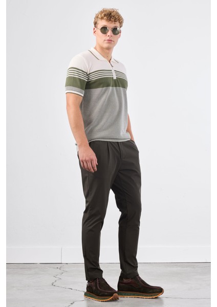 Haki Çizgili Desen Fermuarlı Polo Yaka Kısa Kollu Slim Fit Erkek Triko fiyatları