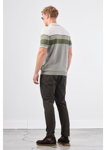 Haki Çizgili Desen Fermuarlı Polo Yaka Kısa Kollu Slim Fit Erkek Triko modelleri