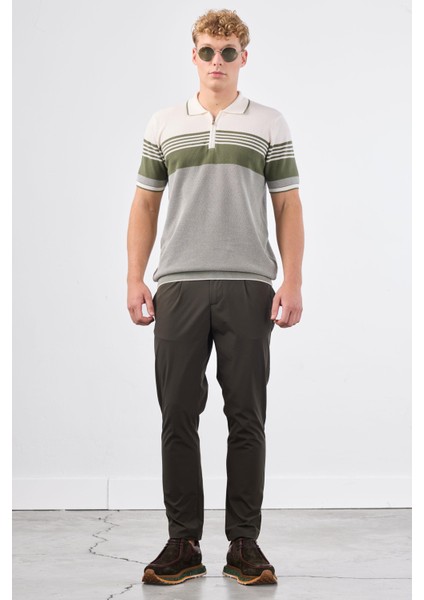 Haki Çizgili Desen Fermuarlı Polo Yaka Kısa Kollu Slim Fit Erkek Triko indirimleri