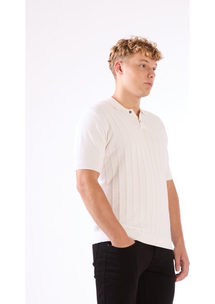 Beyaz Polo Düğmeli Kısa Kollu Düz Renk Fitilli Slim Fit Erkek Triko