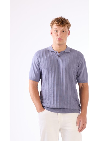 İndigo Polo Düğmeli Kısa Kollu Düz Renk Fitilli Slim Fit Erkek Triko