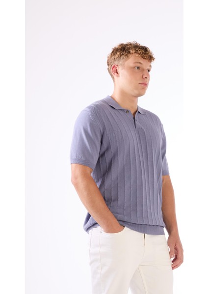 İndigo Polo Düğmeli Kısa Kollu Düz Renk Fitilli Slim Fit Erkek Triko fiyatları