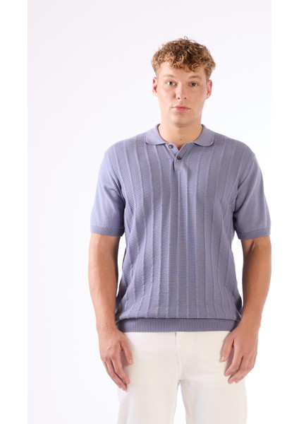 İndigo Polo Düğmeli Kısa Kollu Düz Renk Fitilli Slim Fit Erkek Triko fırsatları