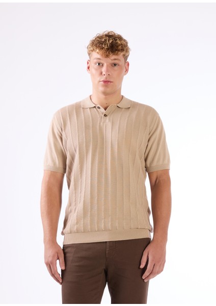 Bej Polo Düğmeli Kısa Kollu Düz Renk Fitilli Slim Fit Erkek Triko