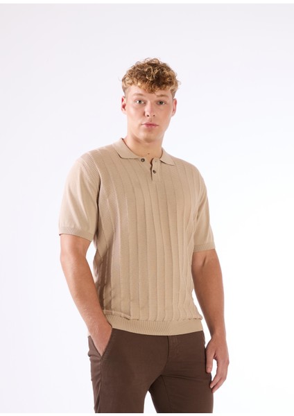 Bej Polo Düğmeli Kısa Kollu Düz Renk Fitilli Slim Fit Erkek Triko fiyatları