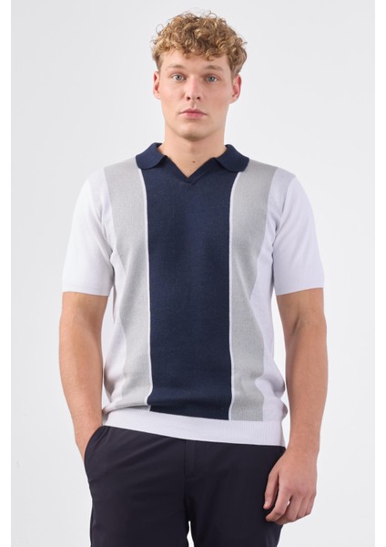 Lacivert Polo V Yaka Blok Desen Kısa Kollu Slim Fit Erkek Triko