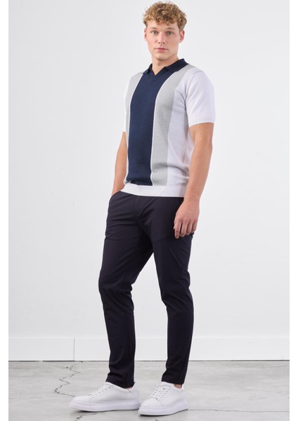 Lacivert Polo V Yaka Blok Desen Kısa Kollu Slim Fit Erkek Triko fiyatları