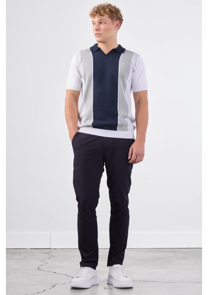 Lacivert Polo V Yaka Blok Desen Kısa Kollu Slim Fit Erkek Triko fırsatları