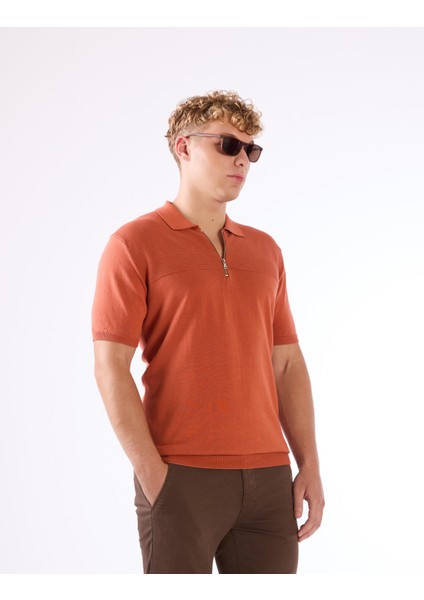 Kiremit Fermuarlı Polo Yaka Kısa Kollu Örgü Slim Fit Erkek Triko fiyatları