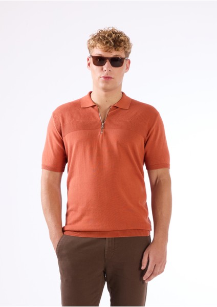 Kiremit Fermuarlı Polo Yaka Kısa Kollu Örgü Slim Fit Erkek Triko fırsatları