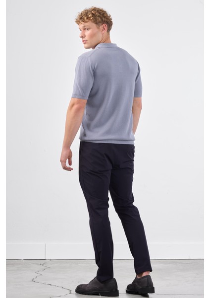 Gri Polo Düğme Yaka Düz Renk Slim Fit Erkek Triko