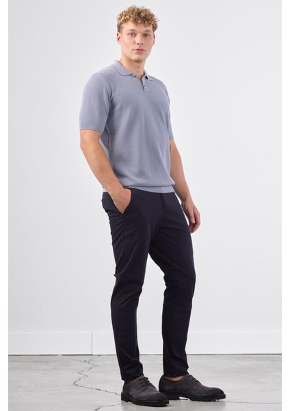 Gri Polo Düğme Yaka Düz Renk Slim Fit Erkek Triko