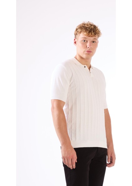 Beyaz Polo Düğmeli Kısa Kollu Düz Renk Fitilli Slim Fit Erkek Triko fiyatları