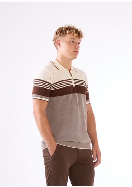 Kahve Çizgili Desen Fermuarlı Polo Yaka Kısa Kollu Slim Fit Erkek Triko fiyatları