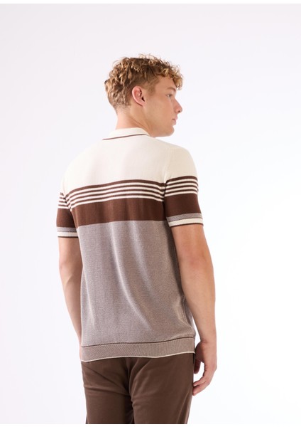 Kahve Çizgili Desen Fermuarlı Polo Yaka Kısa Kollu Slim Fit Erkek Triko modelleri