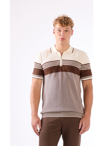 Kahve Çizgili Desen Fermuarlı Polo Yaka Kısa Kollu Slim Fit Erkek Triko fırsatları