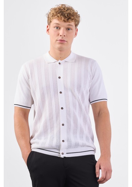 Beyaz Polo Düğmeli Fitilli Kısa Kollu Slim Fit Erkek Triko