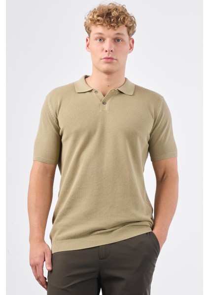 Haki Polo Düğme Yaka Düz Renk Slim Fit Erkek Triko
