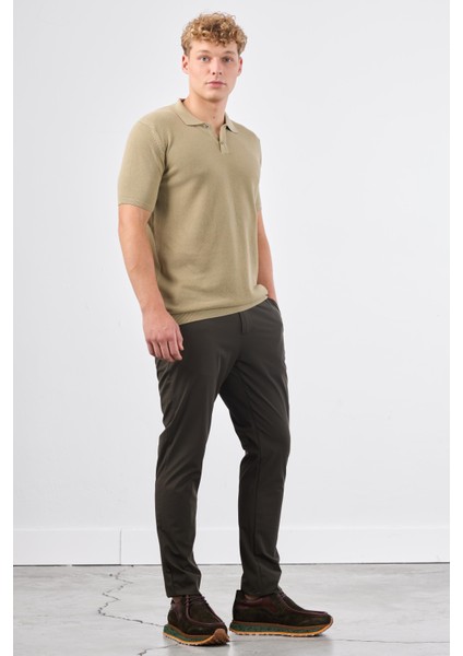 Haki Polo Düğme Yaka Düz Renk Slim Fit Erkek Triko fiyatları