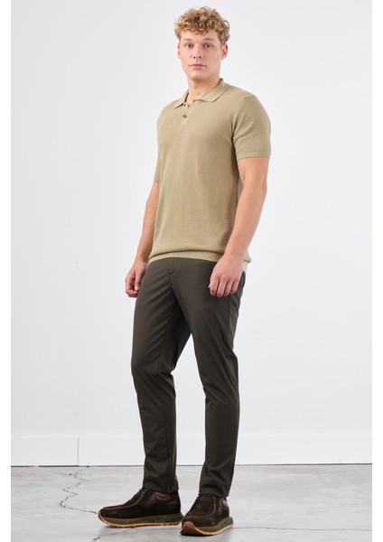 Haki Polo Düğme Yaka Düz Renk Slim Fit Erkek Triko indirimleri