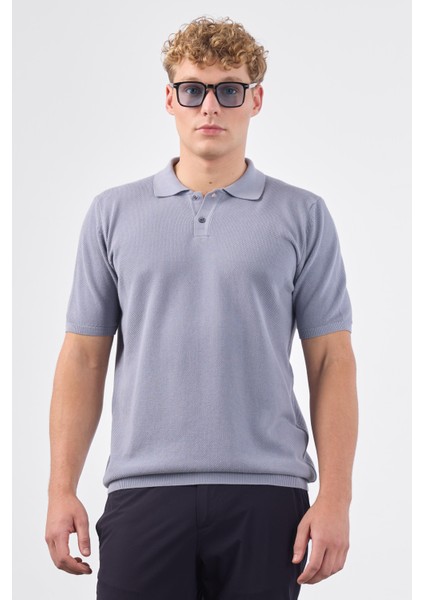 Gri Polo Düğme Yaka Düz Renk Slim Fit Erkek Triko
