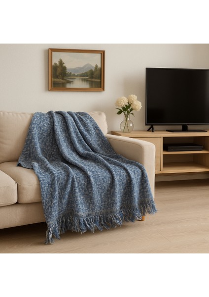 Modern Desenli Lastiksiz Mavi Pamuklu Koltuk Örtüsü