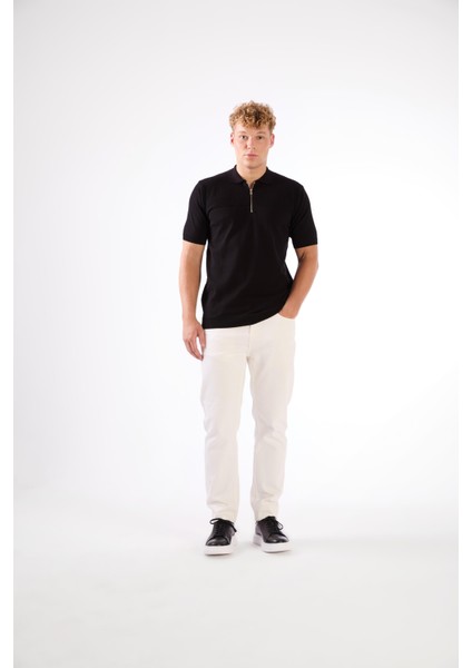 Siyah Fermuarlı Polo Yaka Kısa Kollu Örgü Slim Fit Erkek Triko