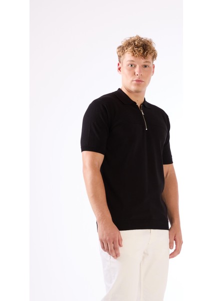Siyah Fermuarlı Polo Yaka Kısa Kollu Örgü Slim Fit Erkek Triko fiyatları