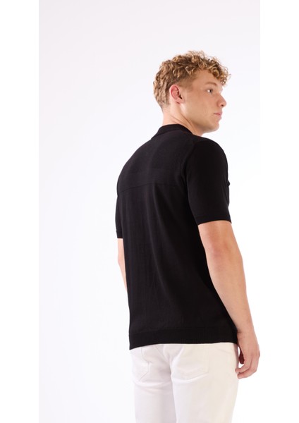 Siyah Fermuarlı Polo Yaka Kısa Kollu Örgü Slim Fit Erkek Triko modelleri