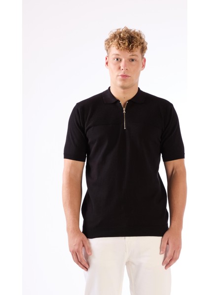 Siyah Fermuarlı Polo Yaka Kısa Kollu Örgü Slim Fit Erkek Triko fırsatları