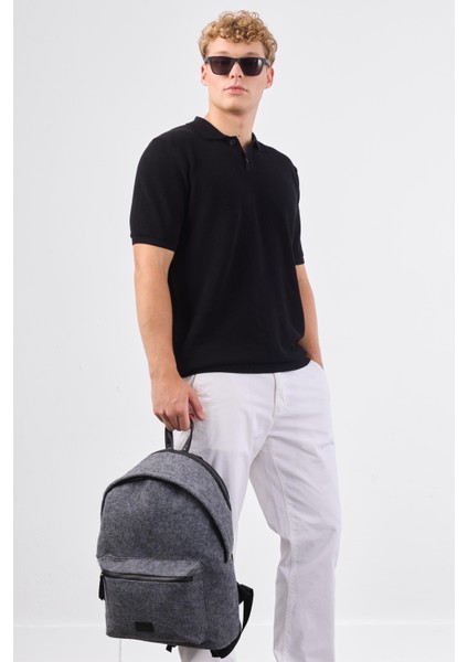 Siyah Polo Düğme Yaka Düz Renk Slim Fit Erkek Triko