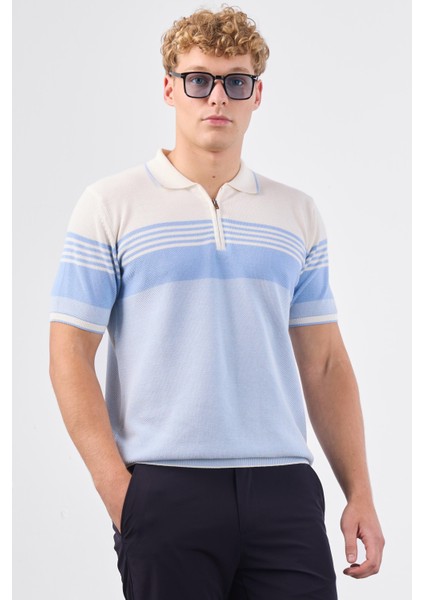 Mavi Çizgili Desen Fermuarlı Polo Yaka Kısa Kollu Slim Fit Erkek Triko