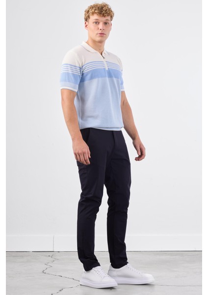 Mavi Çizgili Desen Fermuarlı Polo Yaka Kısa Kollu Slim Fit Erkek Triko fiyatları