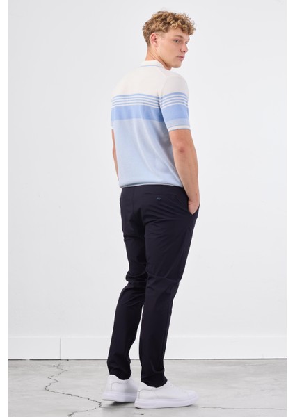 Mavi Çizgili Desen Fermuarlı Polo Yaka Kısa Kollu Slim Fit Erkek Triko modelleri