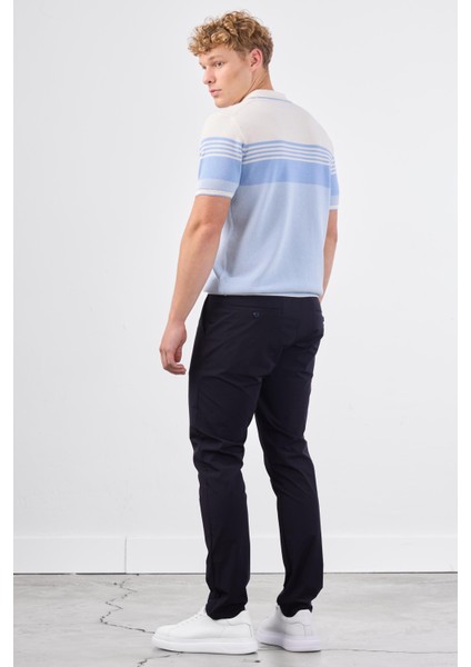 Mavi Çizgili Desen Fermuarlı Polo Yaka Kısa Kollu Slim Fit Erkek Triko indirimleri