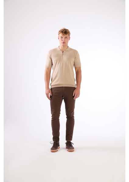 Bej Fermuarlı Polo Yaka Kısa Kollu Örgü Slim Fit Erkek Triko