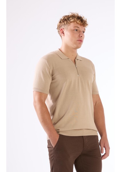 Bej Fermuarlı Polo Yaka Kısa Kollu Örgü Slim Fit Erkek Triko fiyatları